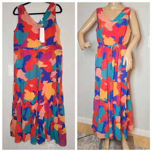 NWT Adyson Parker Tiered Tie Waist Sleeveless Multicolored Chiffon Maxi Dress M